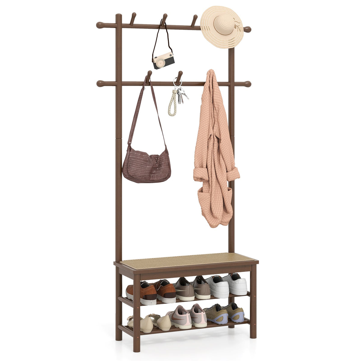 Bamboo Coat Rack PE Rattan Hall Tree with Bench and Shoe Storage 3-In-1 Entryway Bench