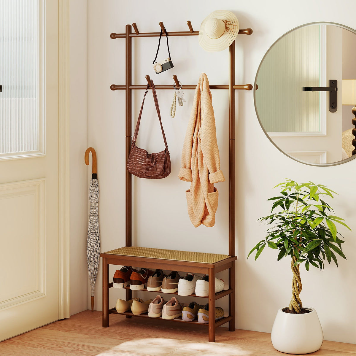 Bamboo Coat Rack PE Rattan Hall Tree with Bench and Shoe Storage 3-In-1 Entryway Bench