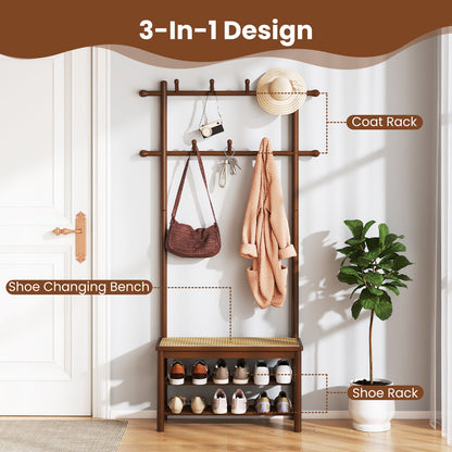 Bamboo Coat Rack PE Rattan Hall Tree with Bench and Shoe Storage 3-In-1 Entryway Bench