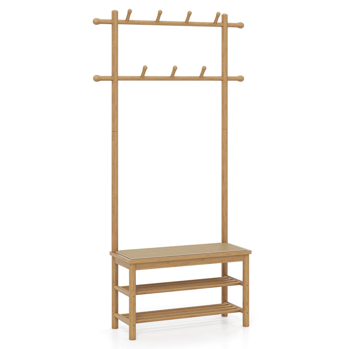 Bamboo Coat Rack PE Rattan Hall Tree with Bench and Shoe Storage 3-In-1 Entryway Bench