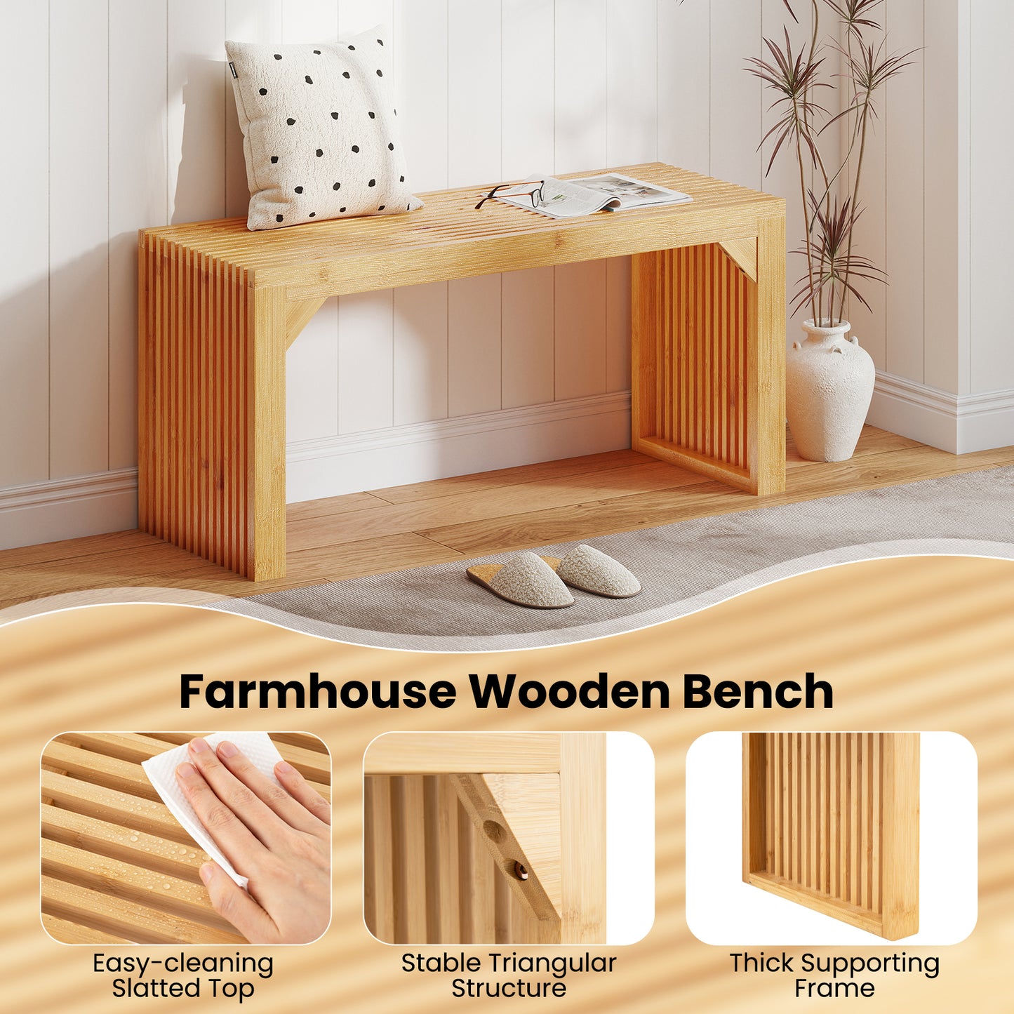Bamboo Dining Bench 36 Inch Natural Wood Indoor Outdoor Seating
