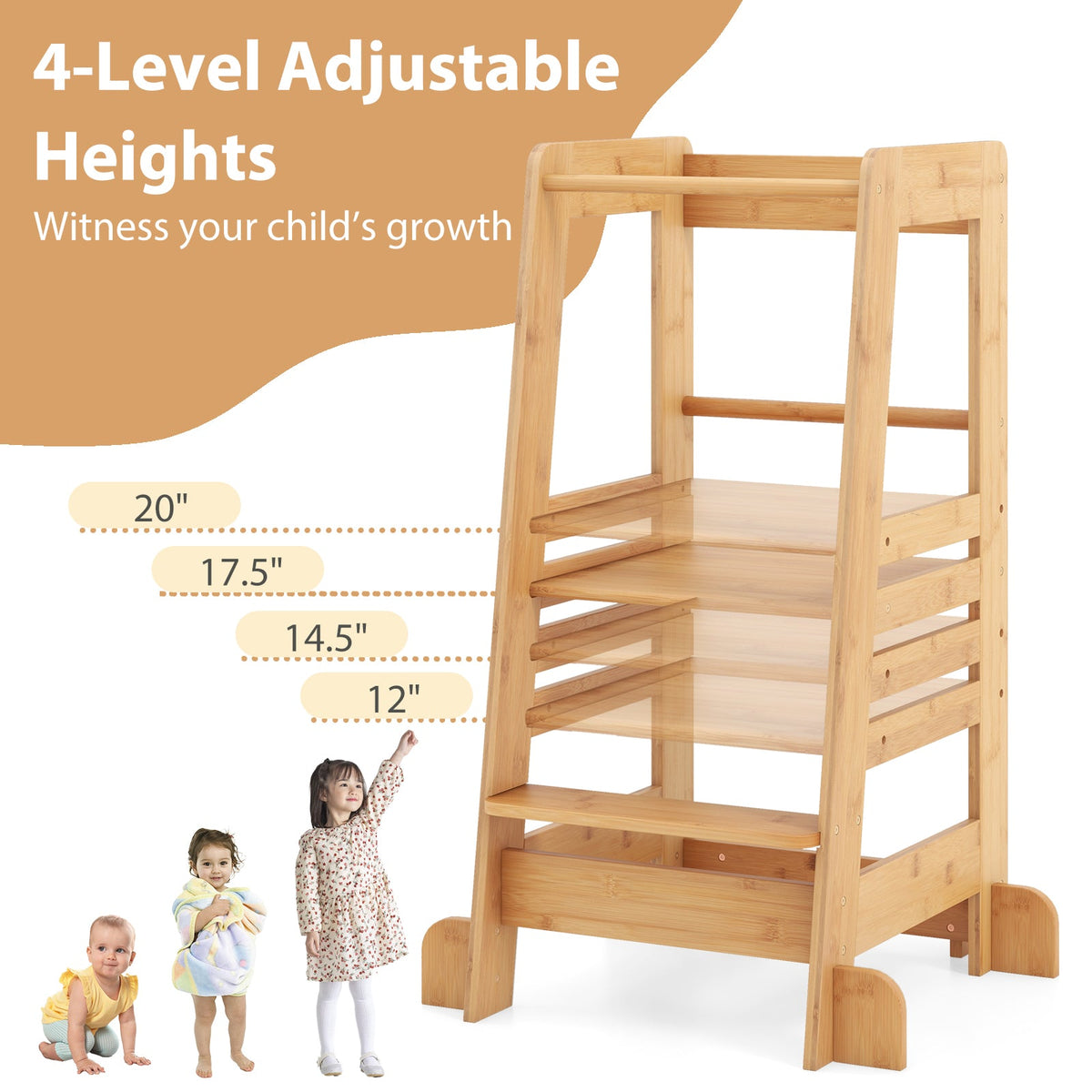 Bamboo Kids Kitchen Step Stool with Adjustable Height and Safety Rails-Natural