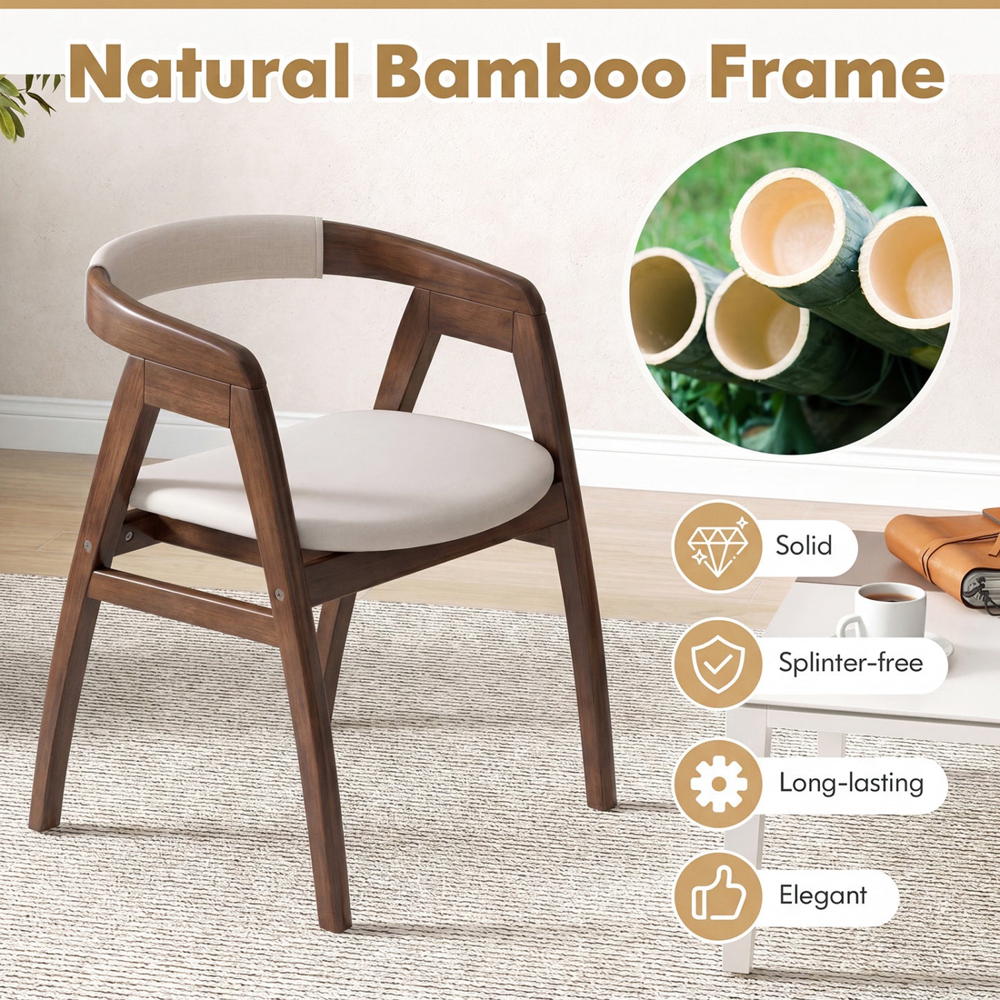Bamboo Dining Chair with Curved Back and Cushioned Seat
