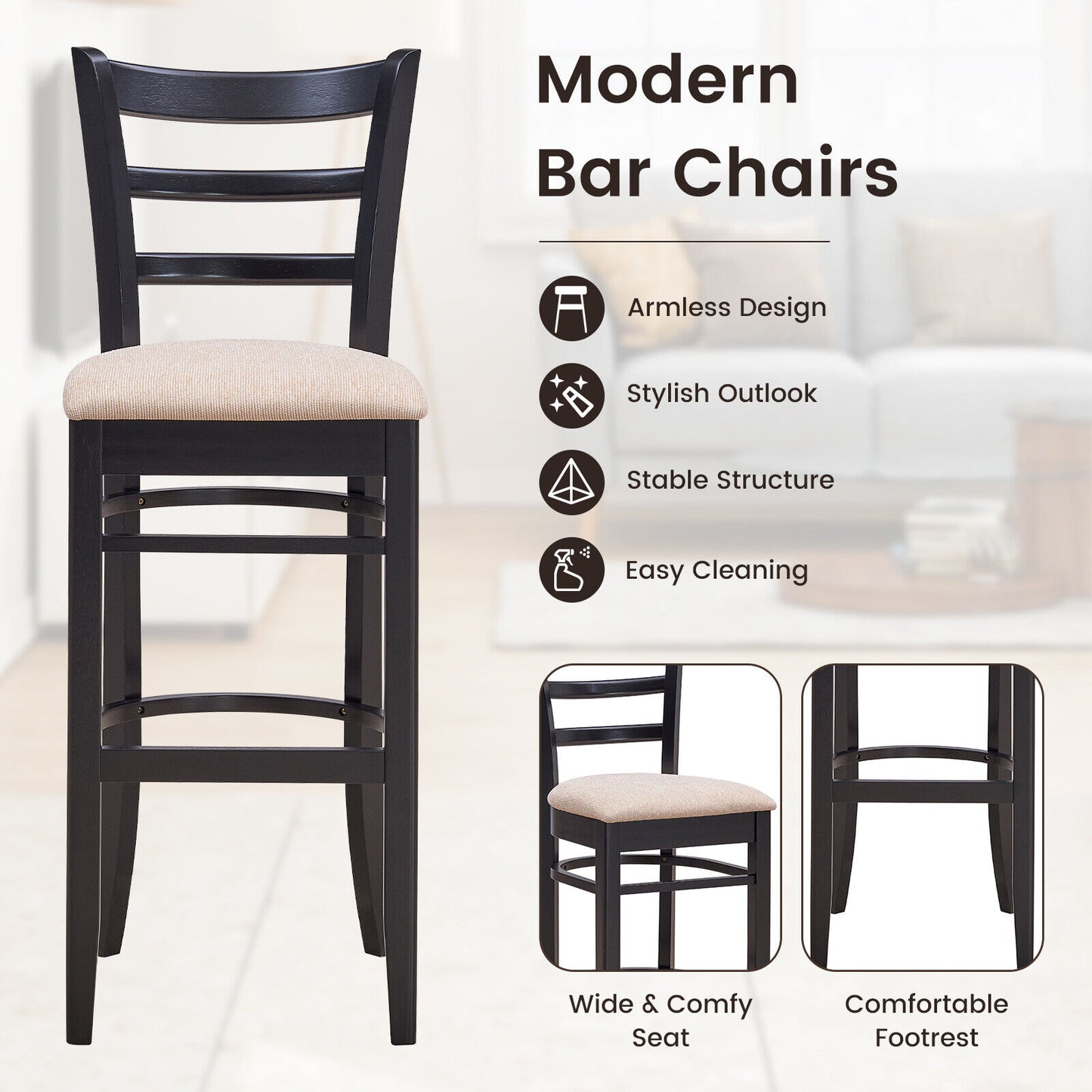 Bar Stool with Ergonomic Backrest and Padded Seat