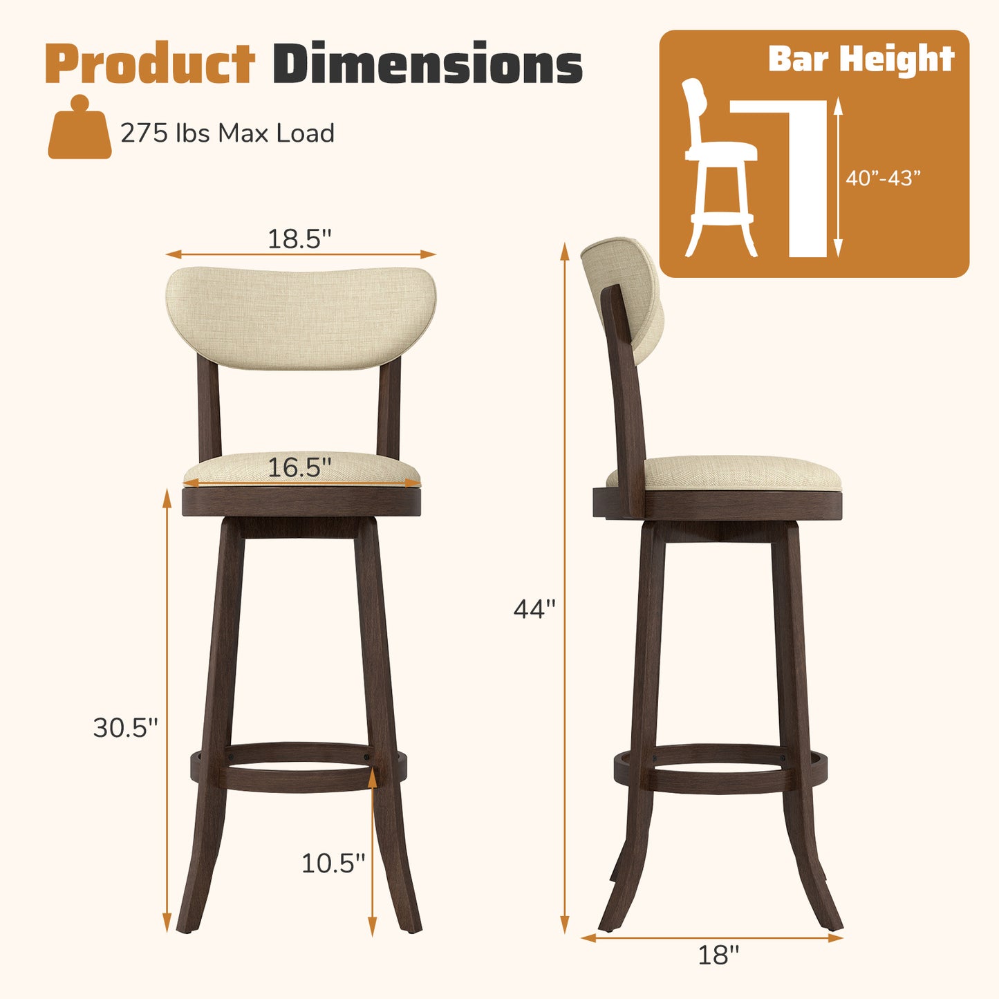 Swivel Bar Stools Set of 2 with Padded Seat - 30.5" Height