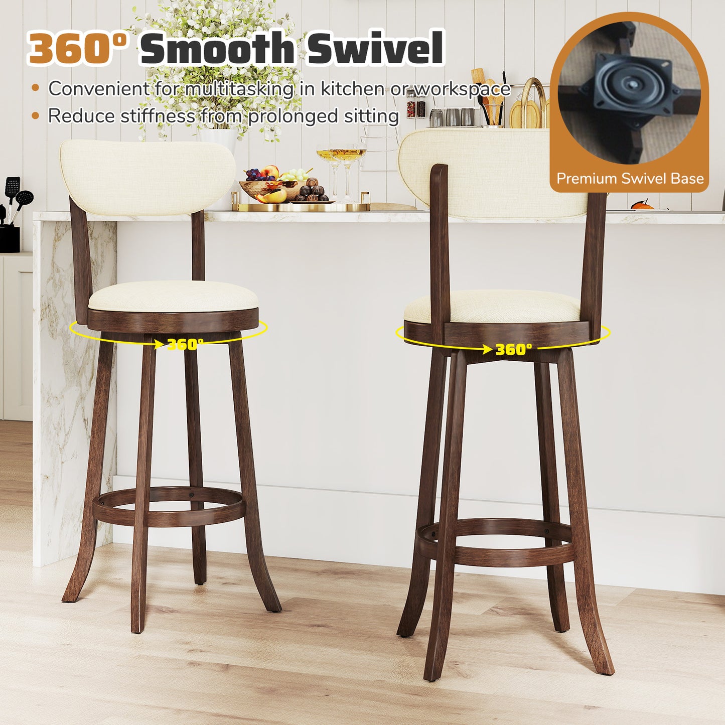 Swivel Bar Stools Set of 2 with Padded Seat - 30.5" Height