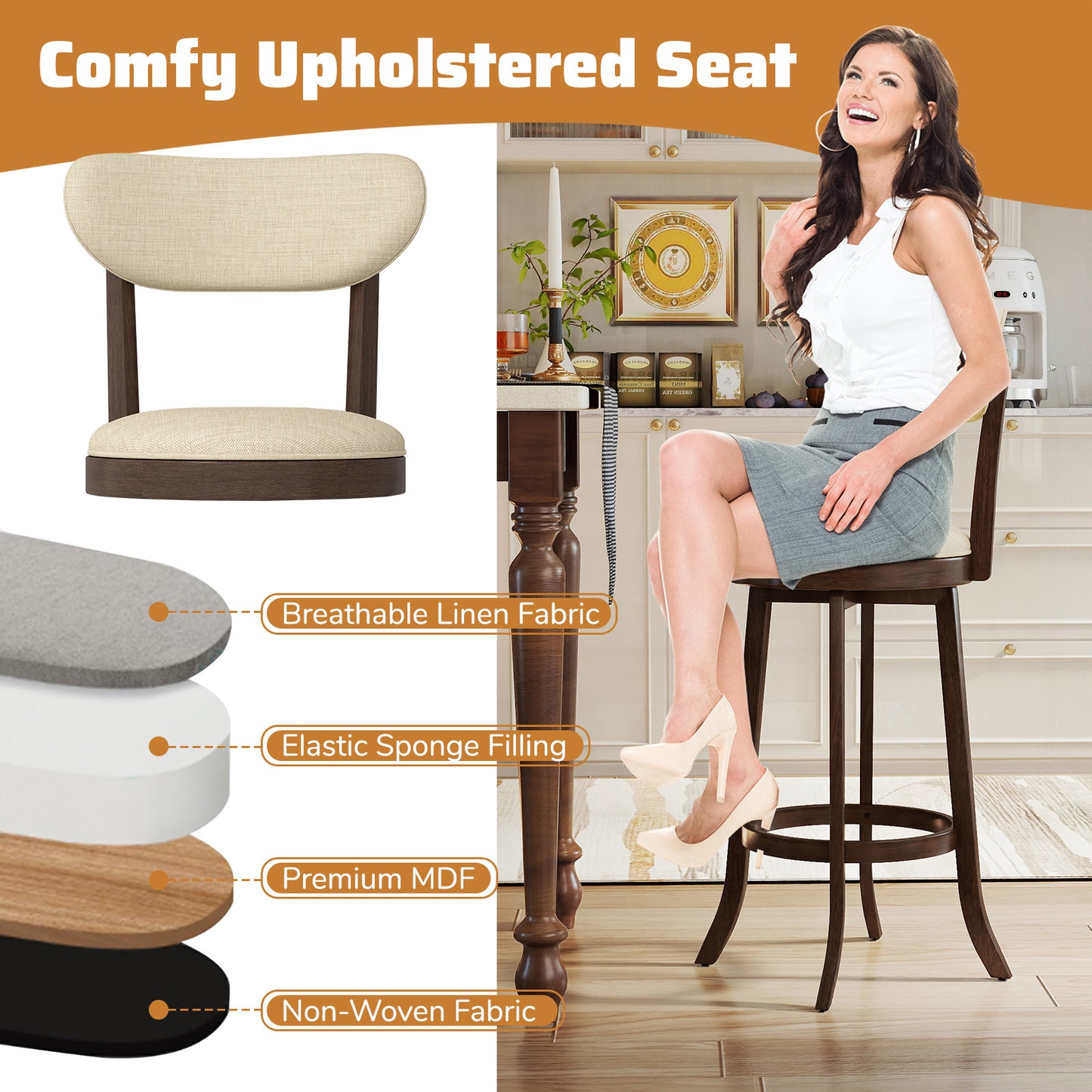 Swivel Bar Stools Set of 2 with Padded Seat - 30.5" Height
