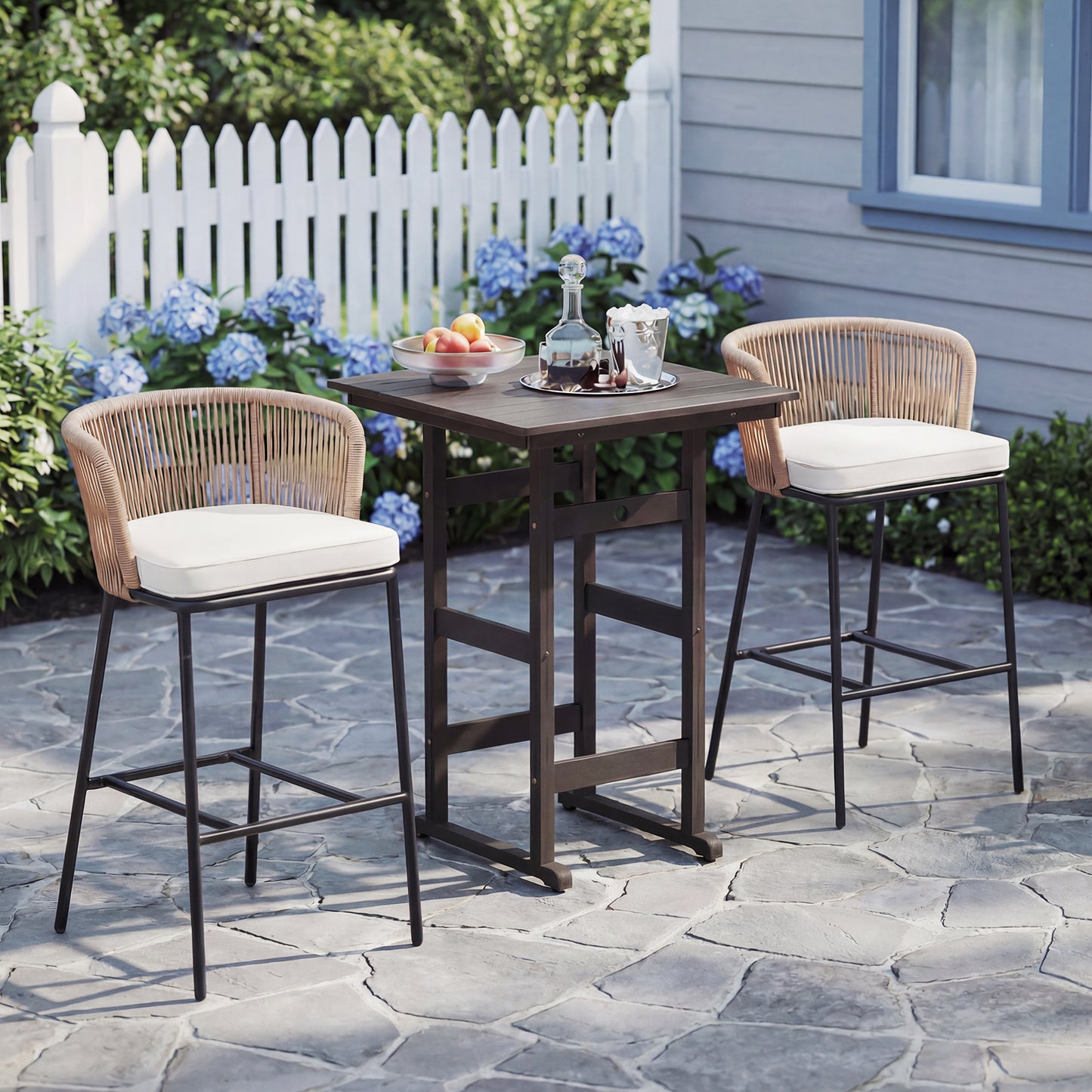Woven Rope Bar Height Patio Chairs Set of 2 with Cushions