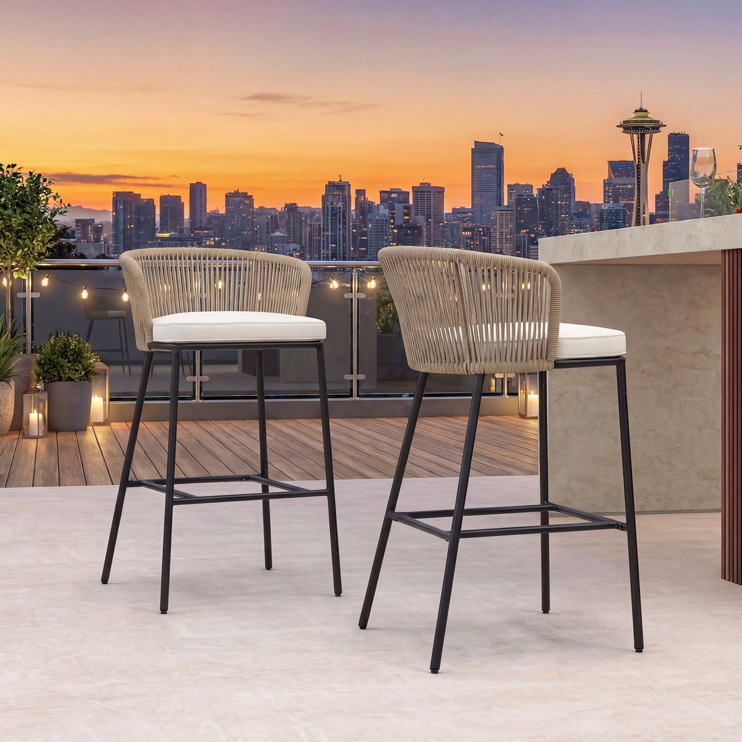 Woven Rope Bar Height Patio Chairs Set of 2 with Cushions