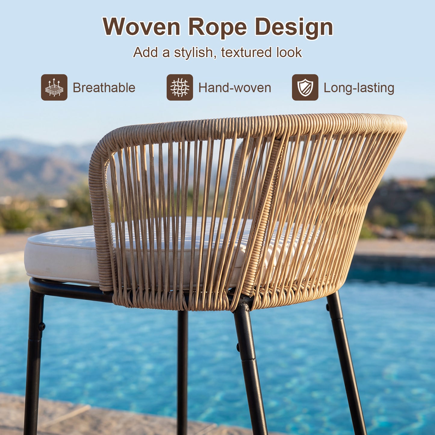 Woven Rope Bar Height Patio Chairs Set of 2 with Cushions