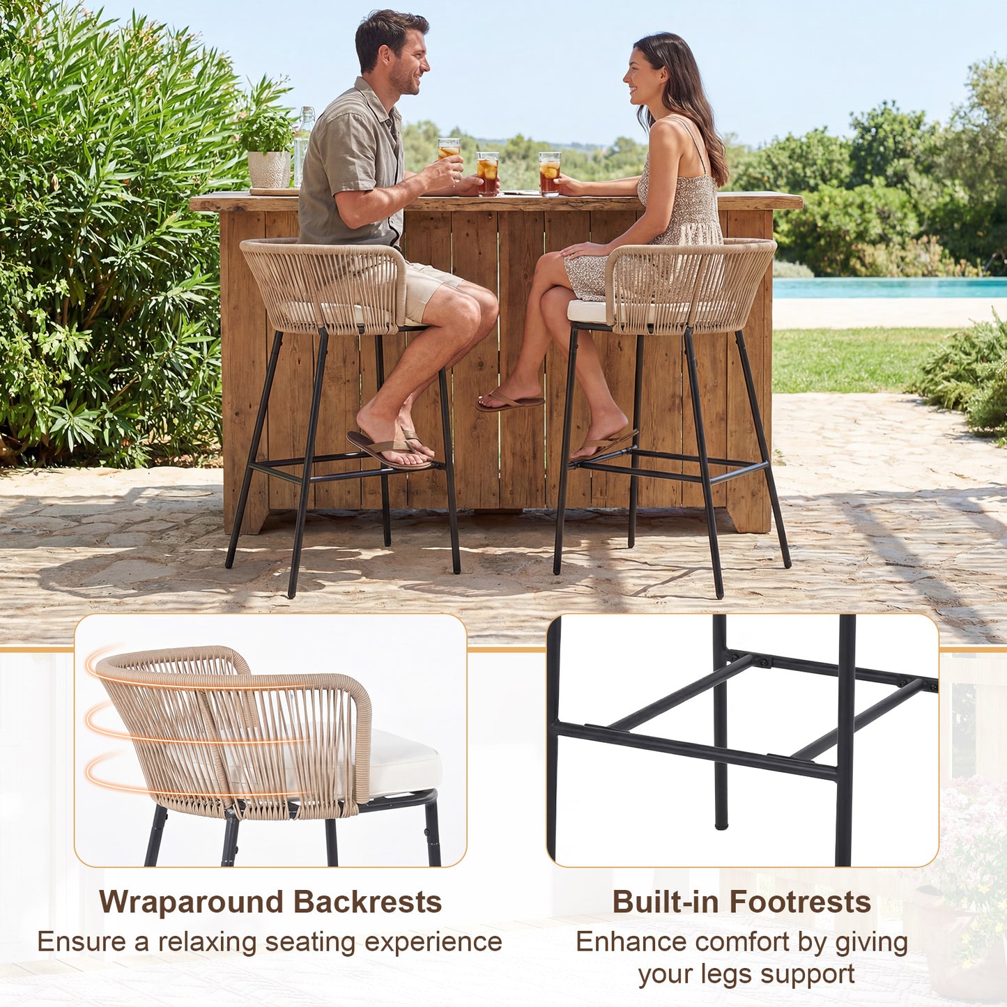 Woven Rope Bar Height Patio Chairs Set of 2 with Cushions