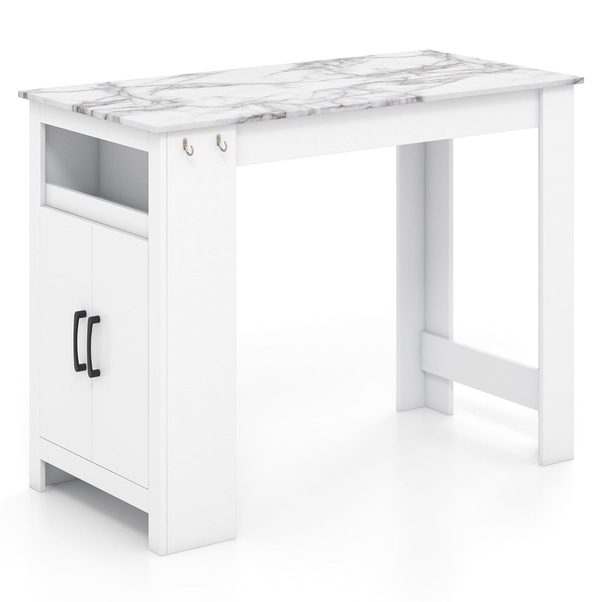 Bar Table Faux Marble Pub Table with 7 Hanging Hooks Compartment-White
