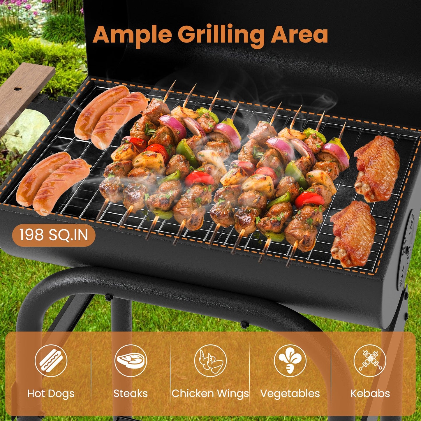 Barrel Charcoal Grill with Foldable Side Table and Thermostat-Black