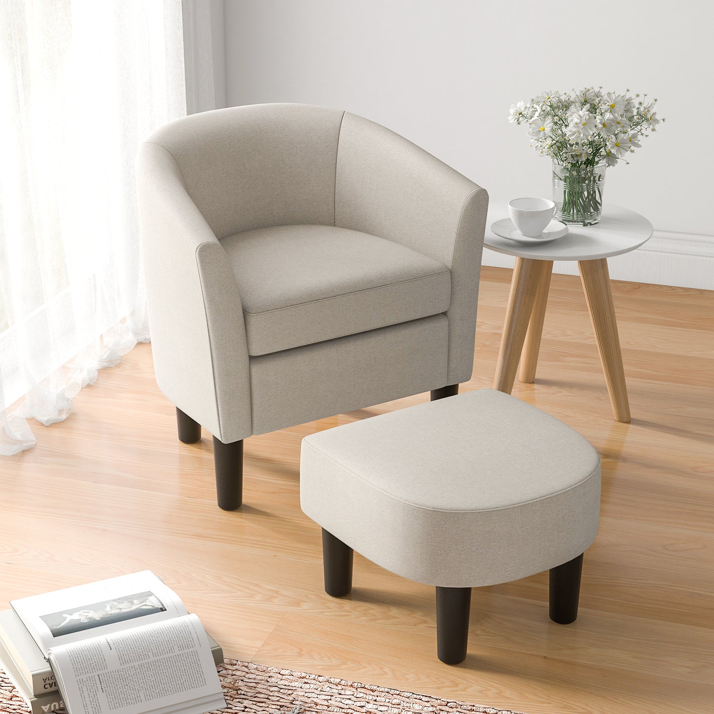Barrel Club Chair with Ottoman Set in Beige Linen