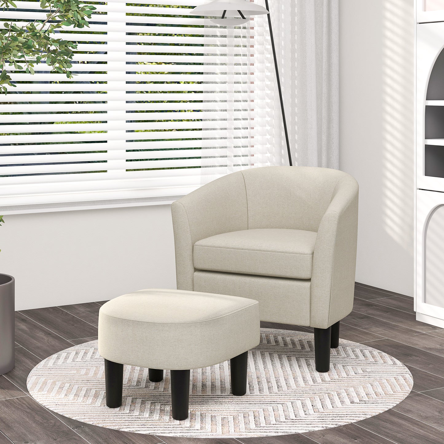 Barrel Club Chair with Ottoman Set in Beige Linen