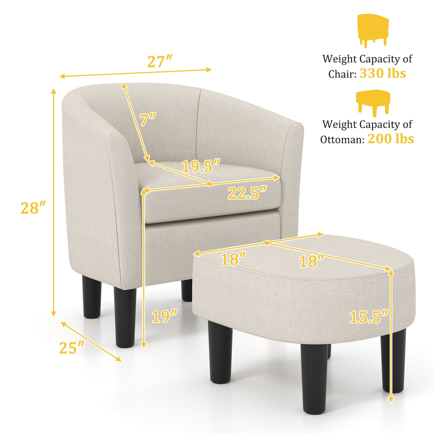 Barrel Club Chair with Ottoman Set in Beige Linen