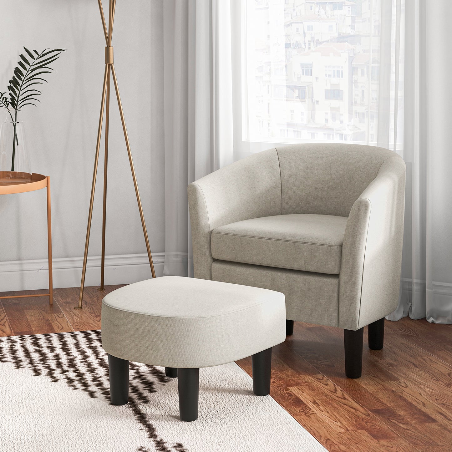 Barrel Club Chair with Ottoman Set in Beige Linen