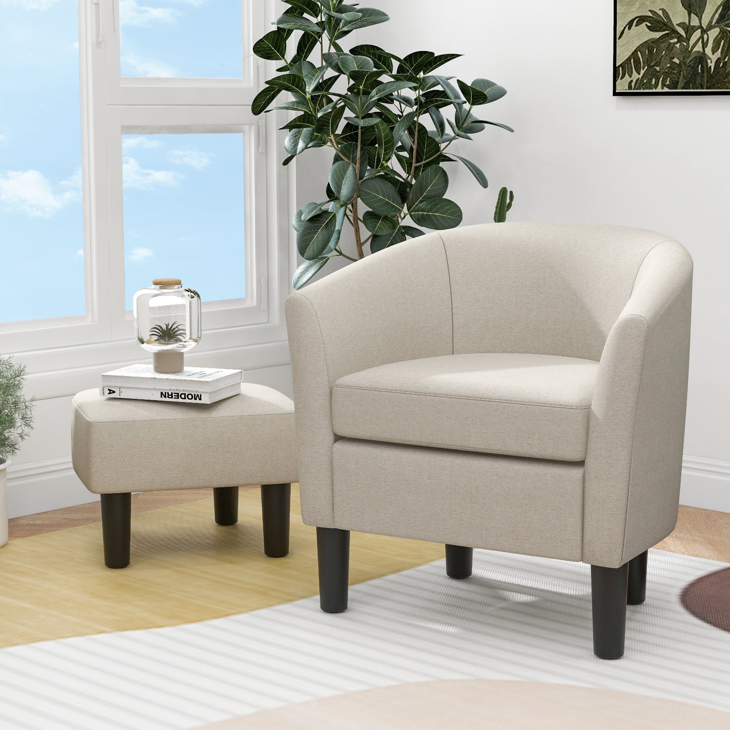 Barrel Club Chair with Ottoman Set in Beige Linen