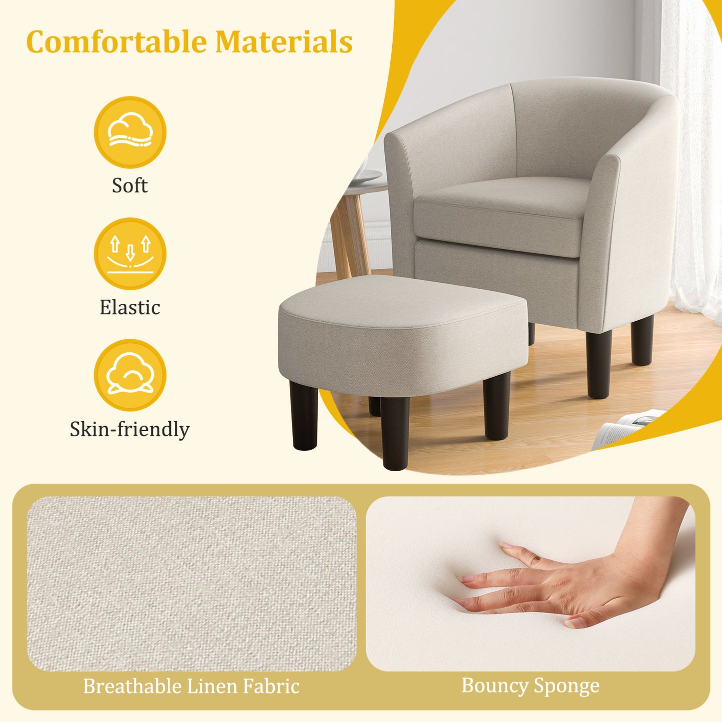 Barrel Club Chair with Ottoman Set in Beige Linen