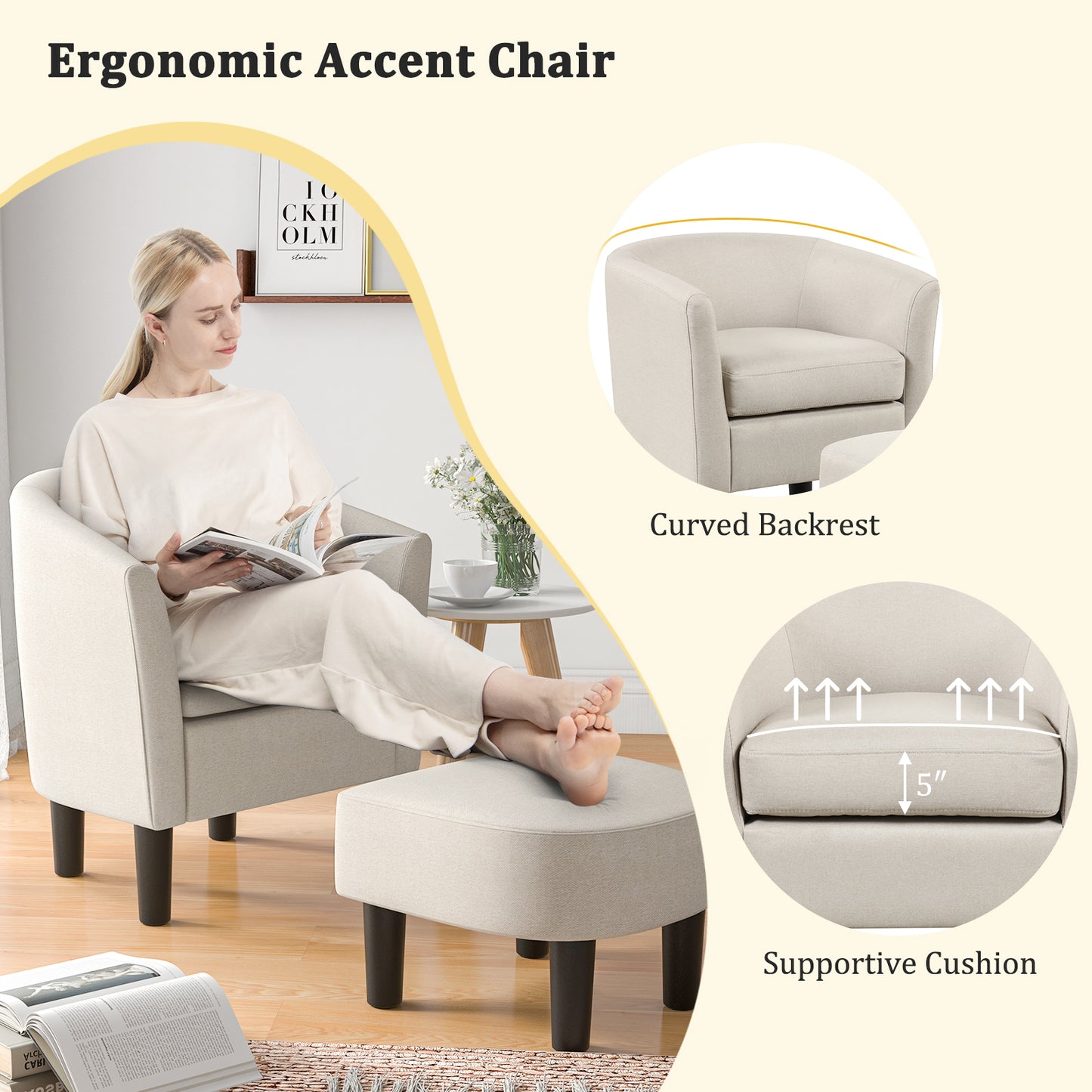 Barrel Club Chair with Ottoman Set in Beige Linen