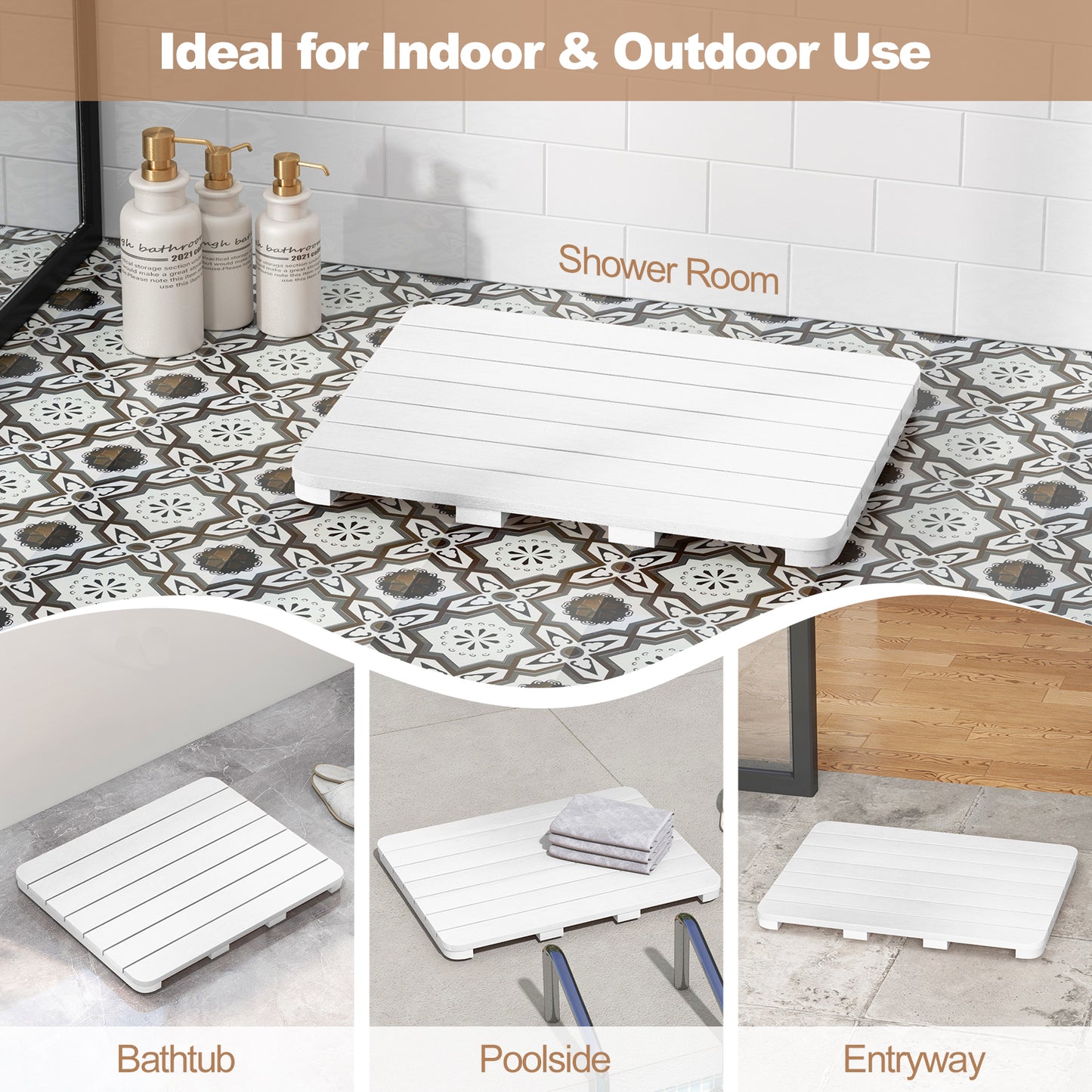 Waterproof HIPS Bath Spa Shower Mat with Non Slip Foot Pads-White