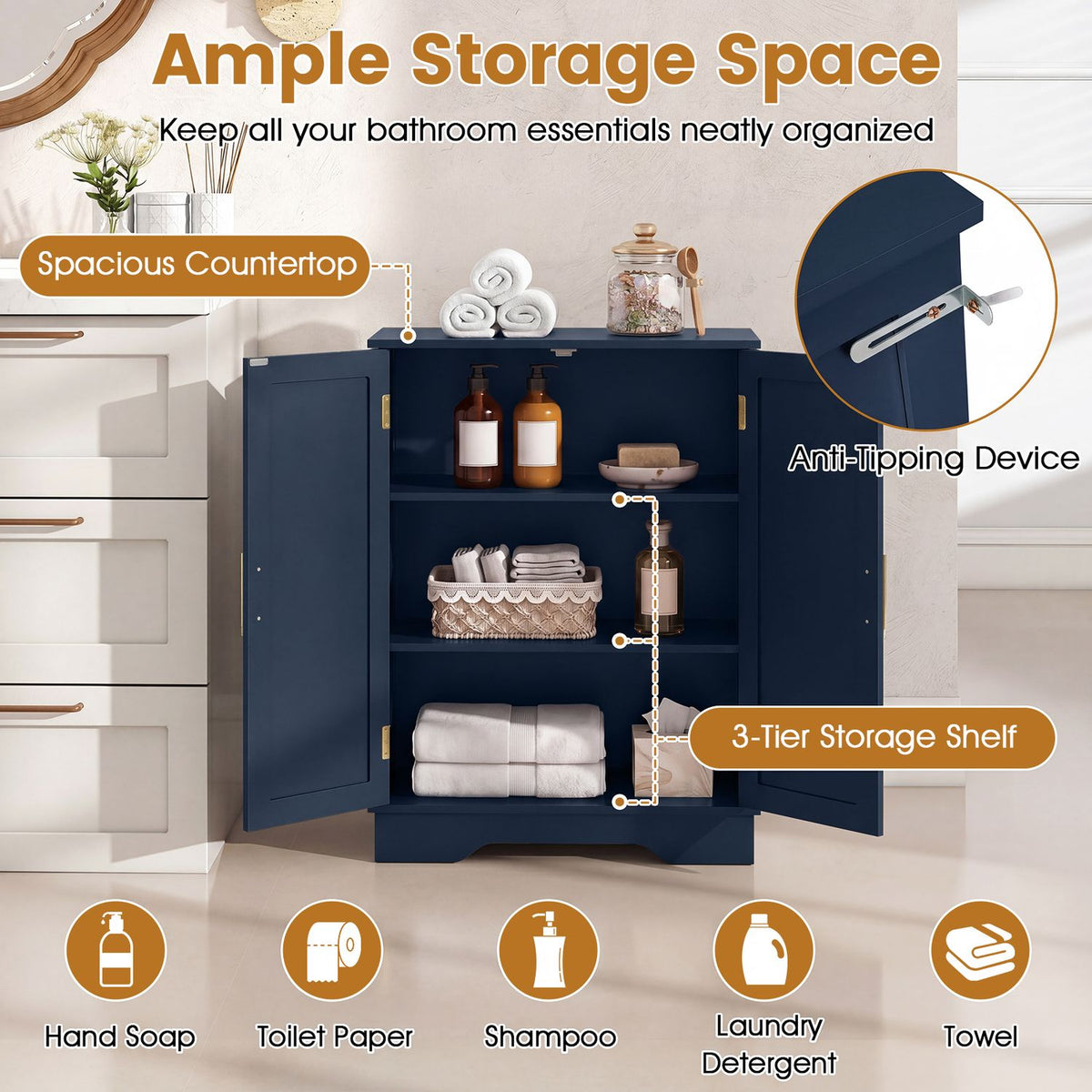 Bathroom Floor Storage Cabinet with 2 Doors and Adjustable Shelves-Blue