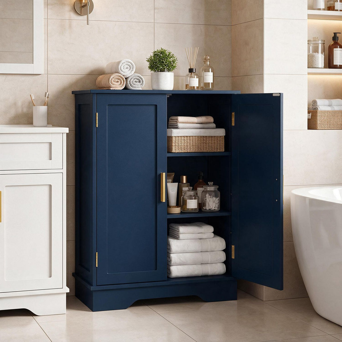 Bathroom Floor Storage Cabinet with 2 Doors and Adjustable Shelves-Blue