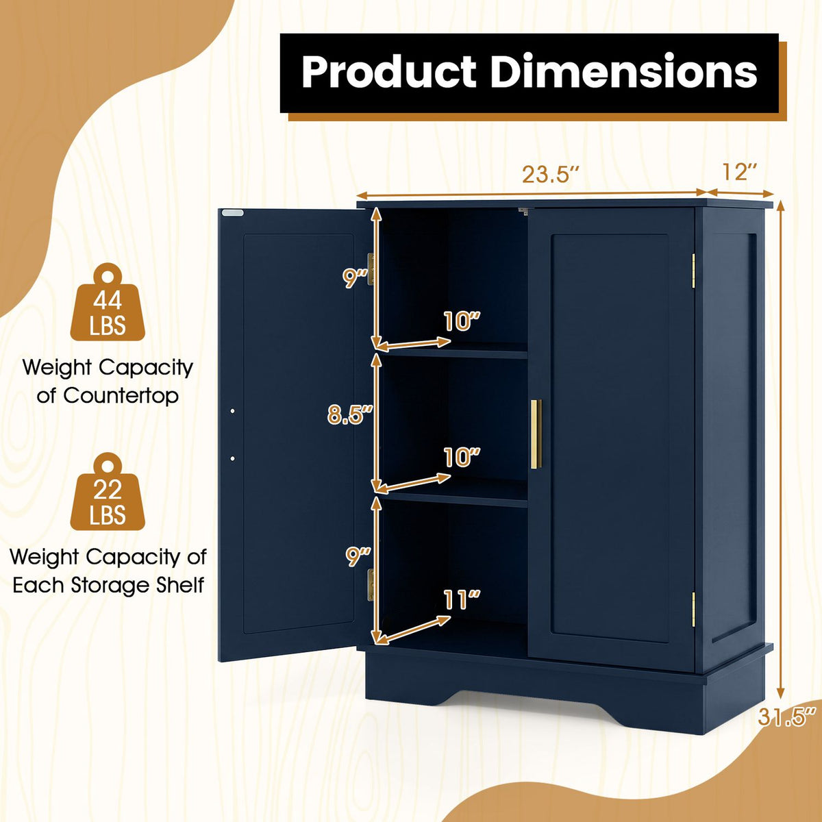 Bathroom Floor Storage Cabinet with 2 Doors and Adjustable Shelves-Blue
