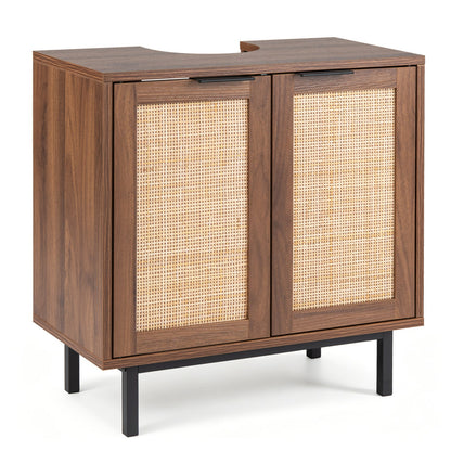 Bathroom Vanity Cabinet with Rattan Doors and U-Shaped Cut-Out