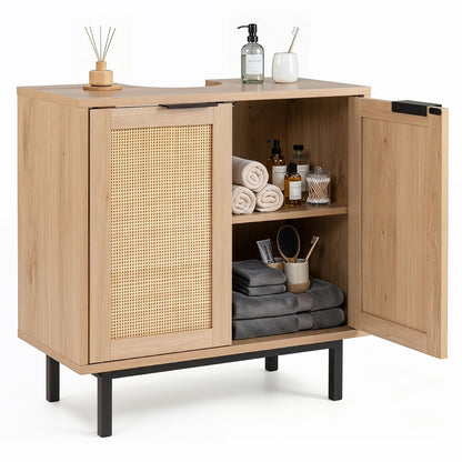 Bathroom Vanity Cabinet with Rattan Doors and U-Shaped Cut-Out