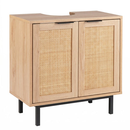 Bathroom Vanity Cabinet with Rattan Doors and U-Shaped Cut-Out