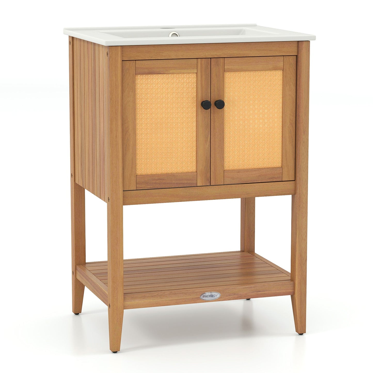 Bathroom Vanity with Ceramic Sink 2 Rattan Doors and Slatted Shelf