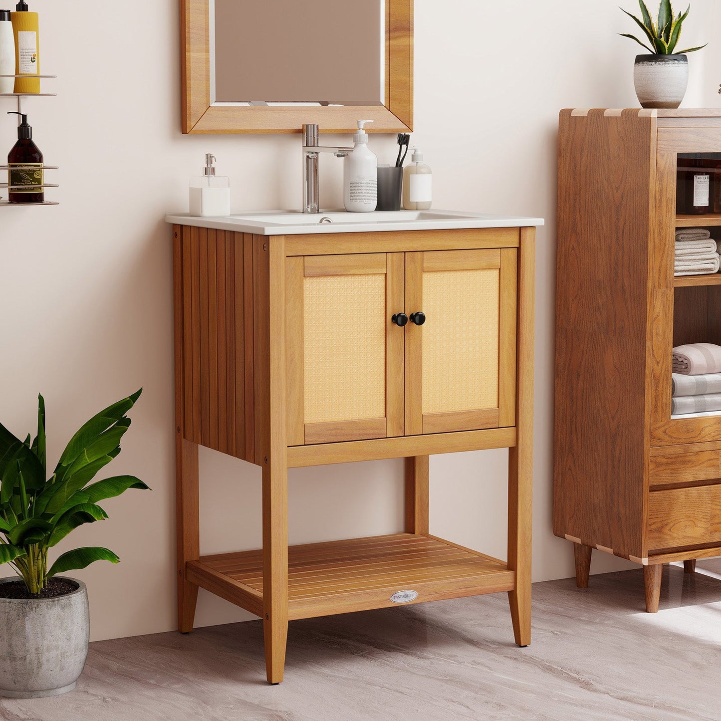Bathroom Vanity with Ceramic Sink 2 Rattan Doors and Slatted Shelf