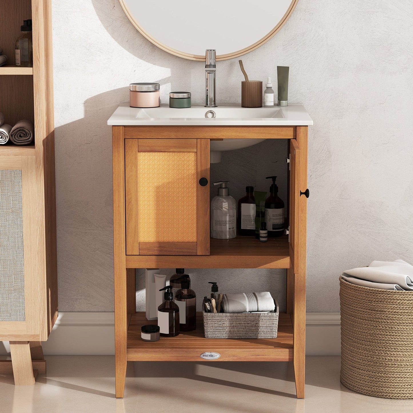 Bathroom Vanity with Ceramic Sink 2 Rattan Doors and Slatted Shelf