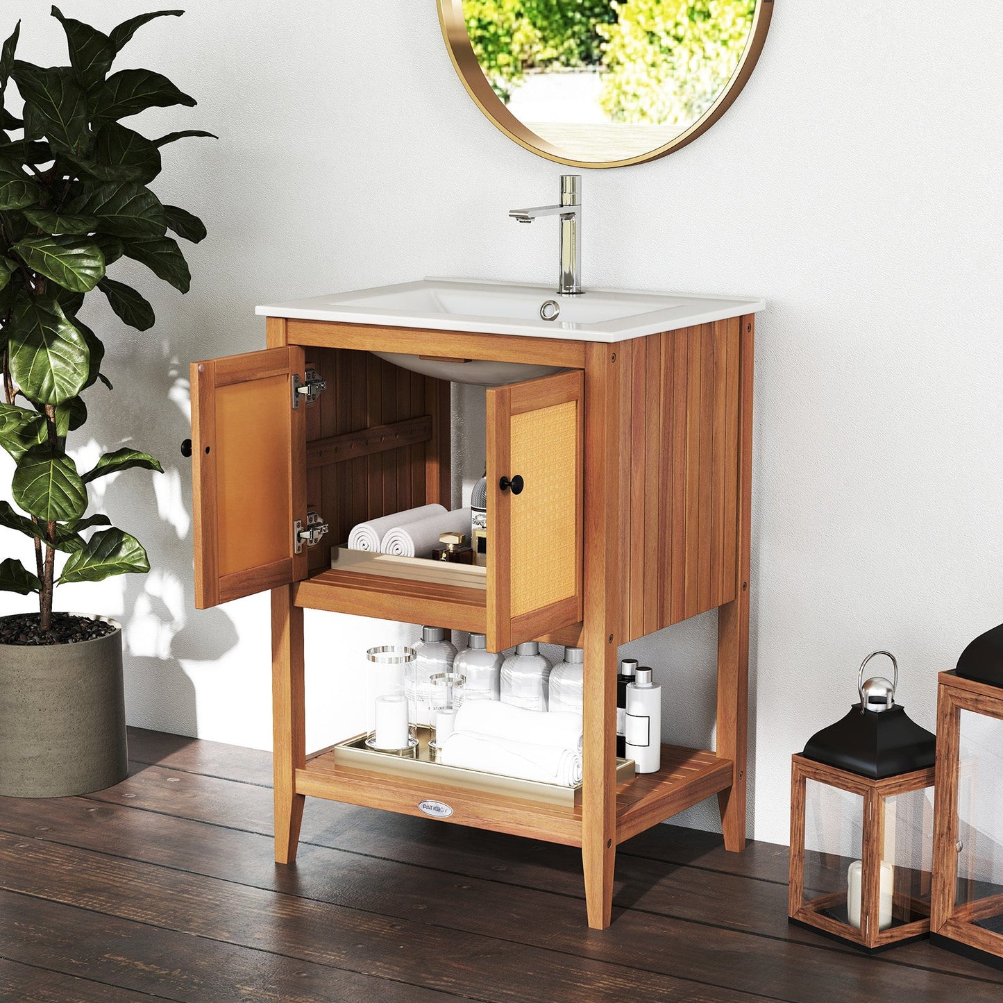 Bathroom Vanity with Ceramic Sink 2 Rattan Doors and Slatted Shelf