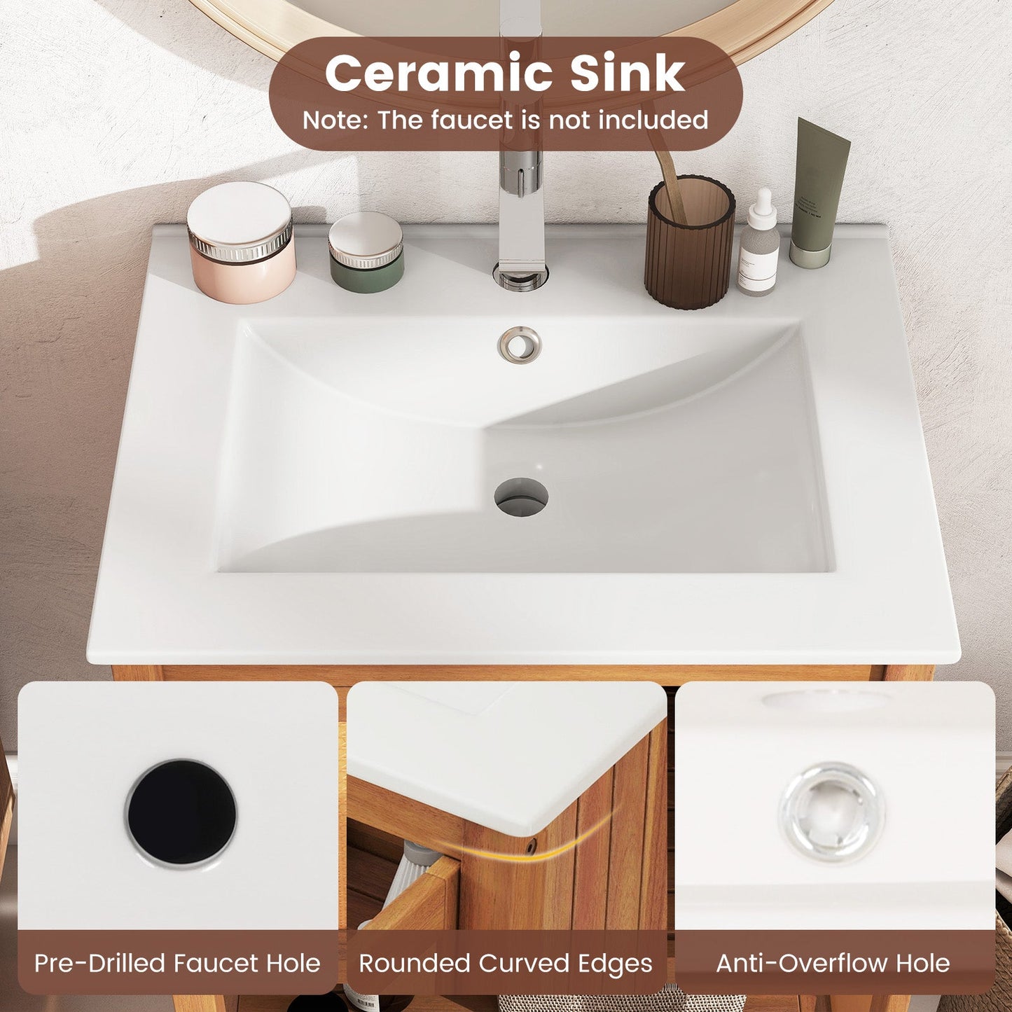Bathroom Vanity with Ceramic Sink 2 Rattan Doors and Slatted Shelf