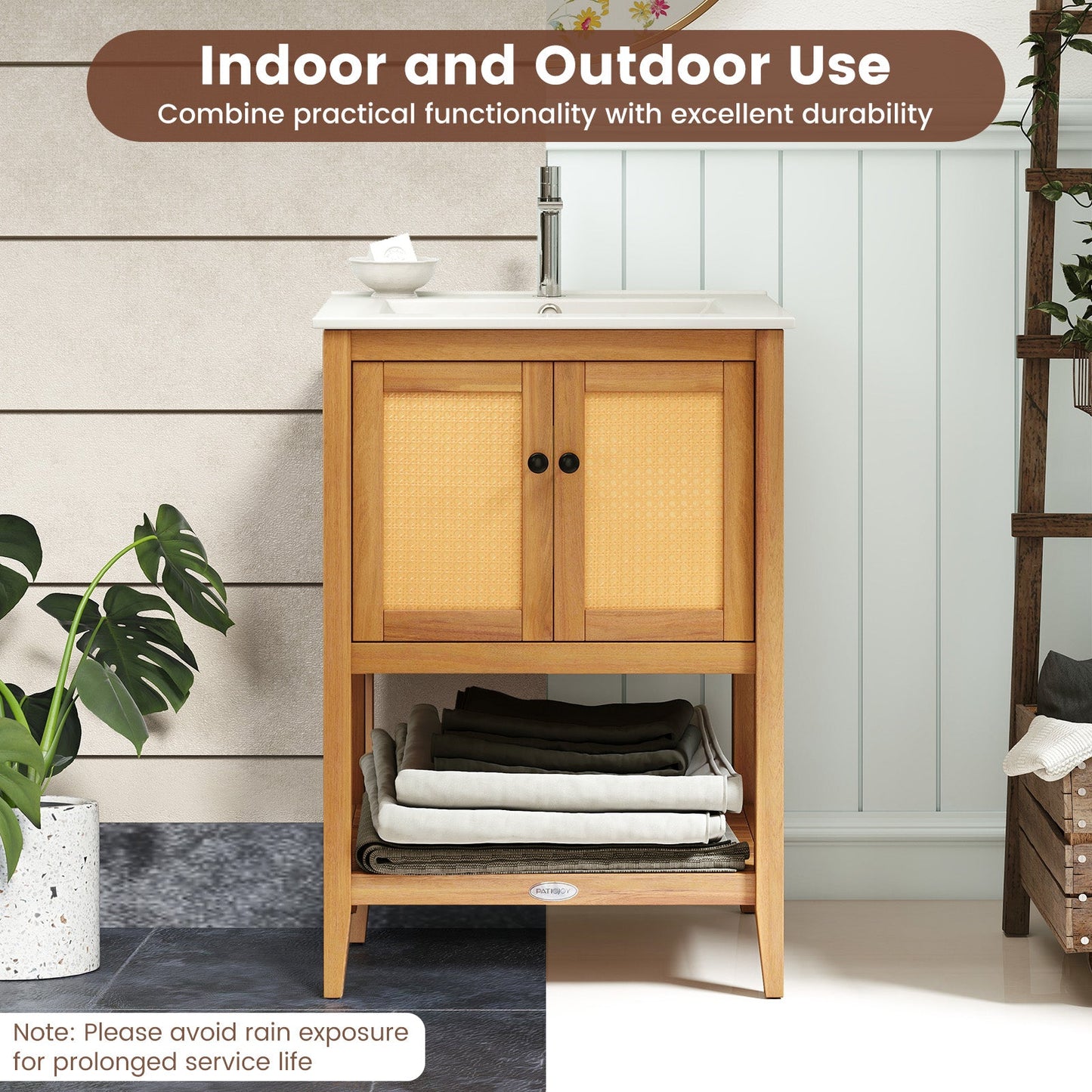 Bathroom Vanity with Ceramic Sink 2 Rattan Doors and Slatted Shelf
