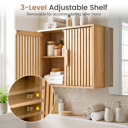 Bathroom Wall Cabinet with 2 Slatted Doors and 3-Level Adjustable Shelves