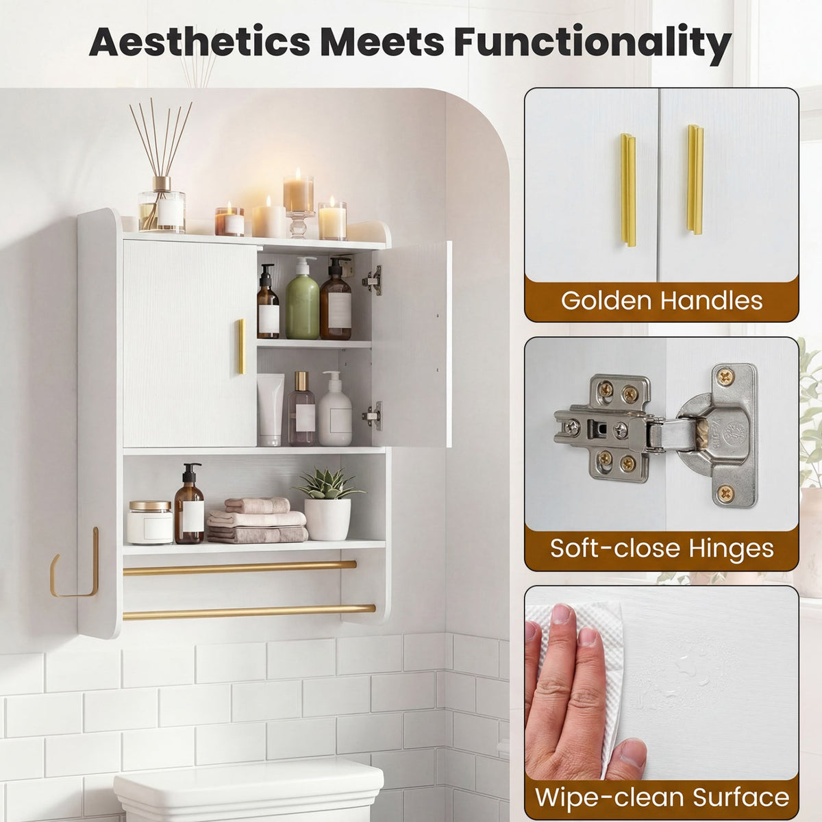Wall Mounted Bathroom Cabinet with Towel Bars and Adjustable Shelf