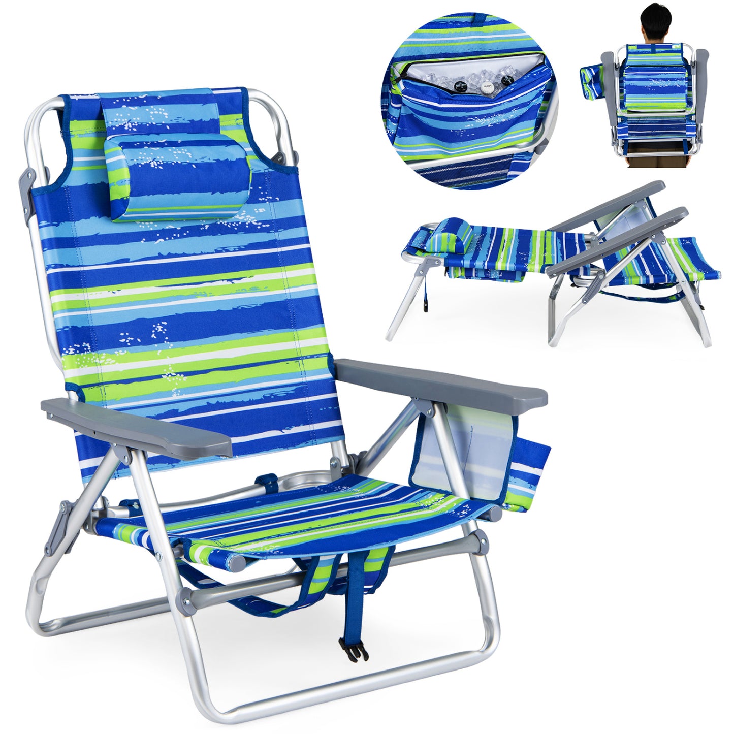Folding Beach Chairs Set of 2 with 5-Position Backrest