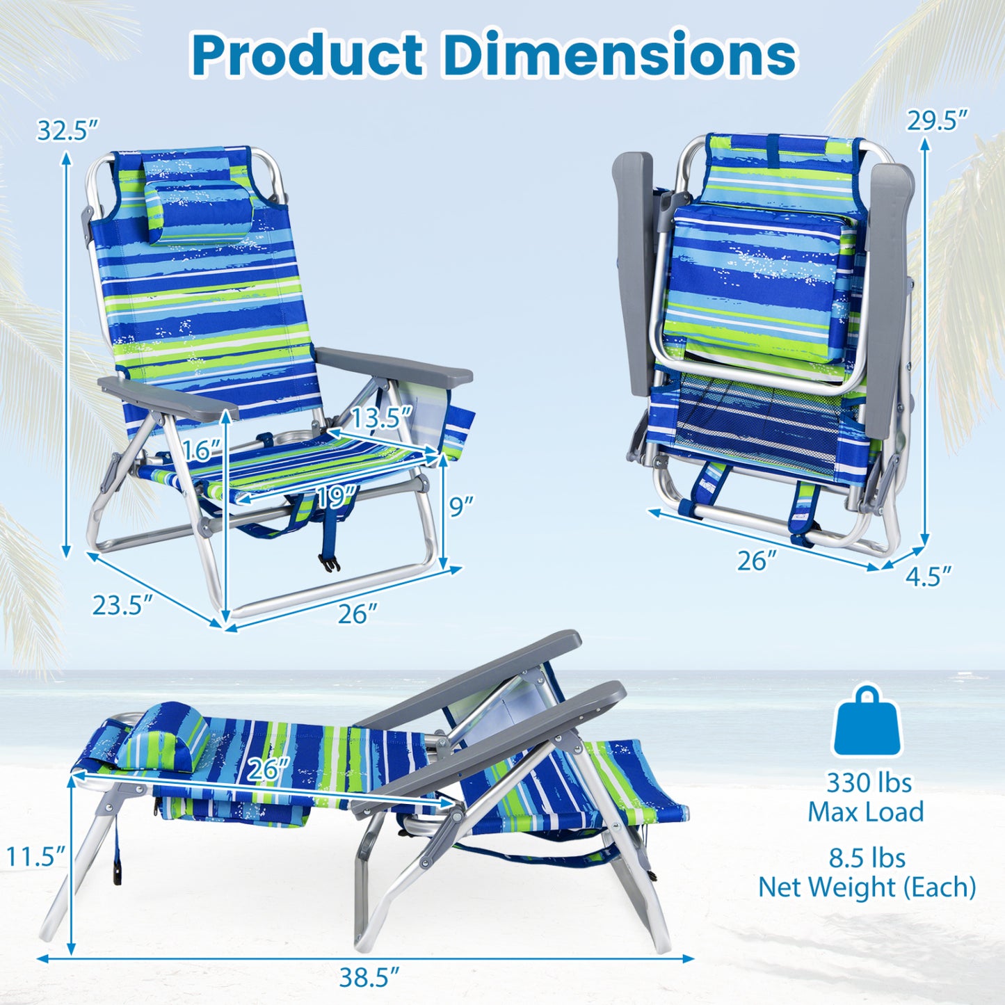 Folding Beach Chairs Set of 2 with 5-Position Backrest