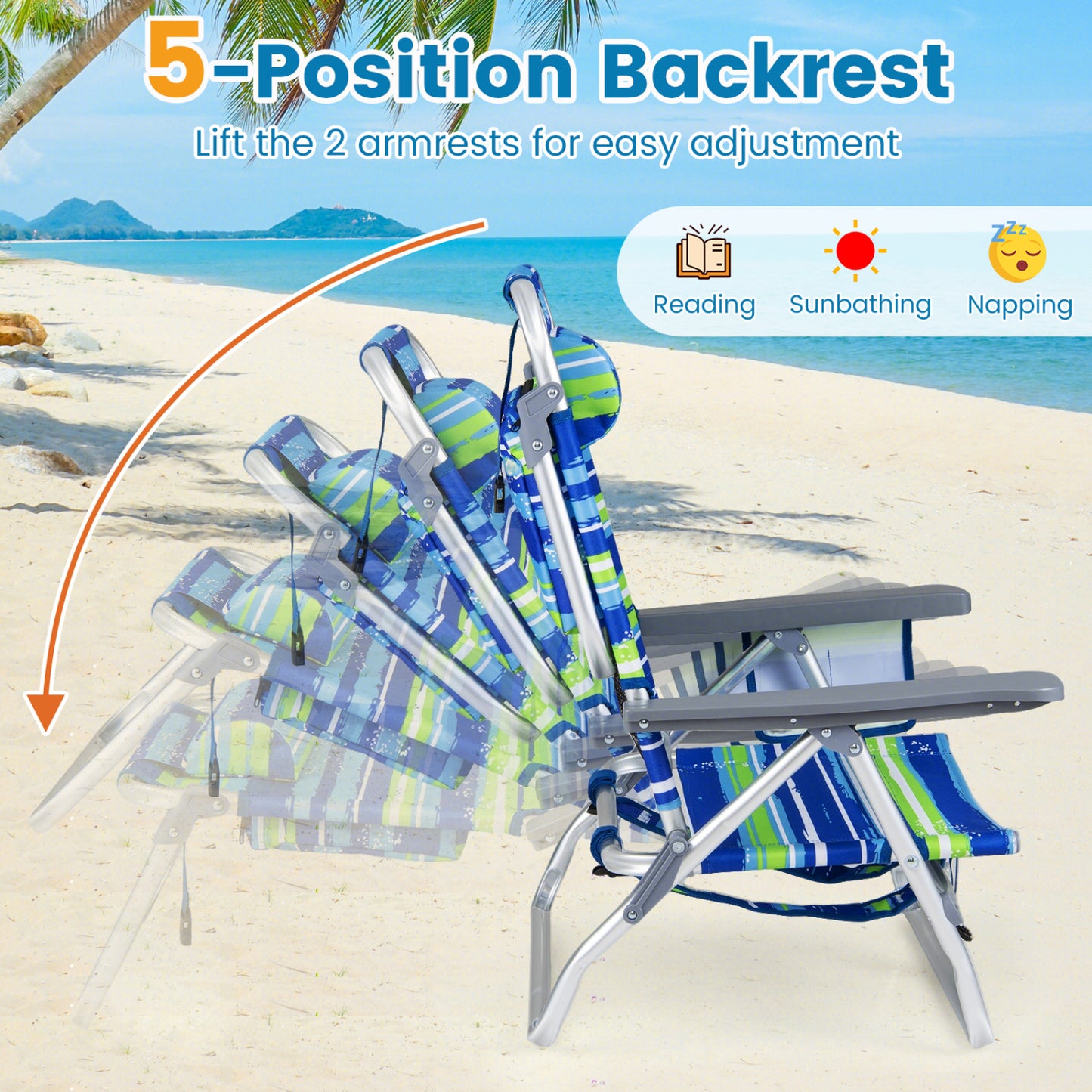 Folding Beach Chairs Set of 2 with 5-Position Backrest