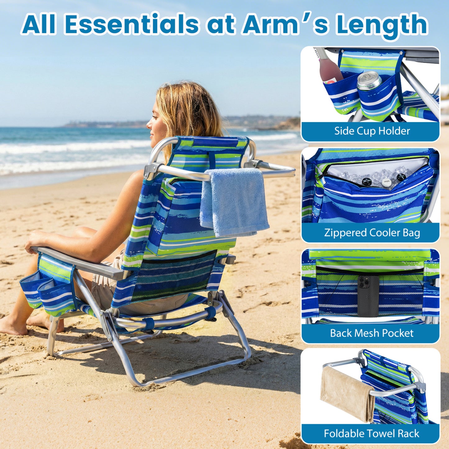 Folding Beach Chairs Set of 2 with 5-Position Backrest