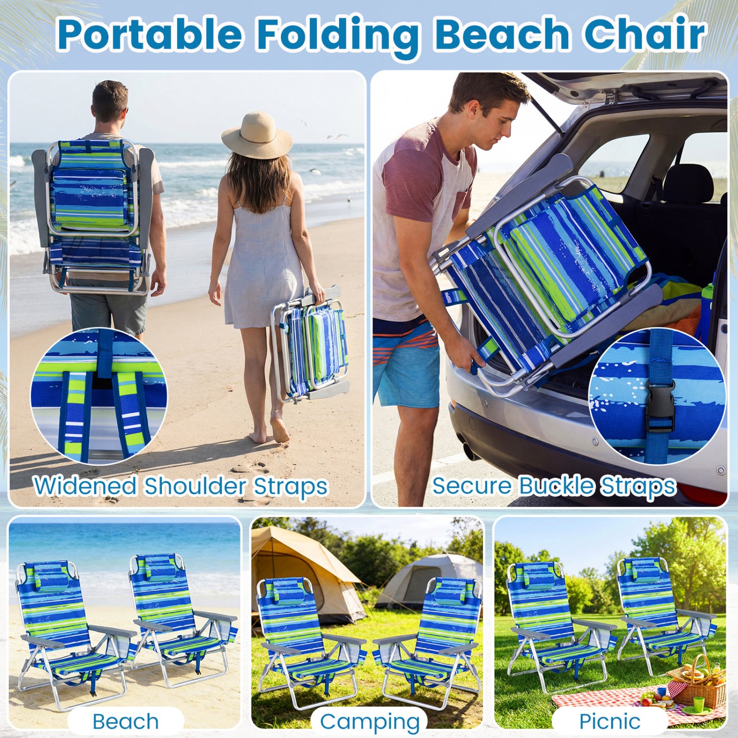 Folding Beach Chairs Set of 2 with 5-Position Backrest