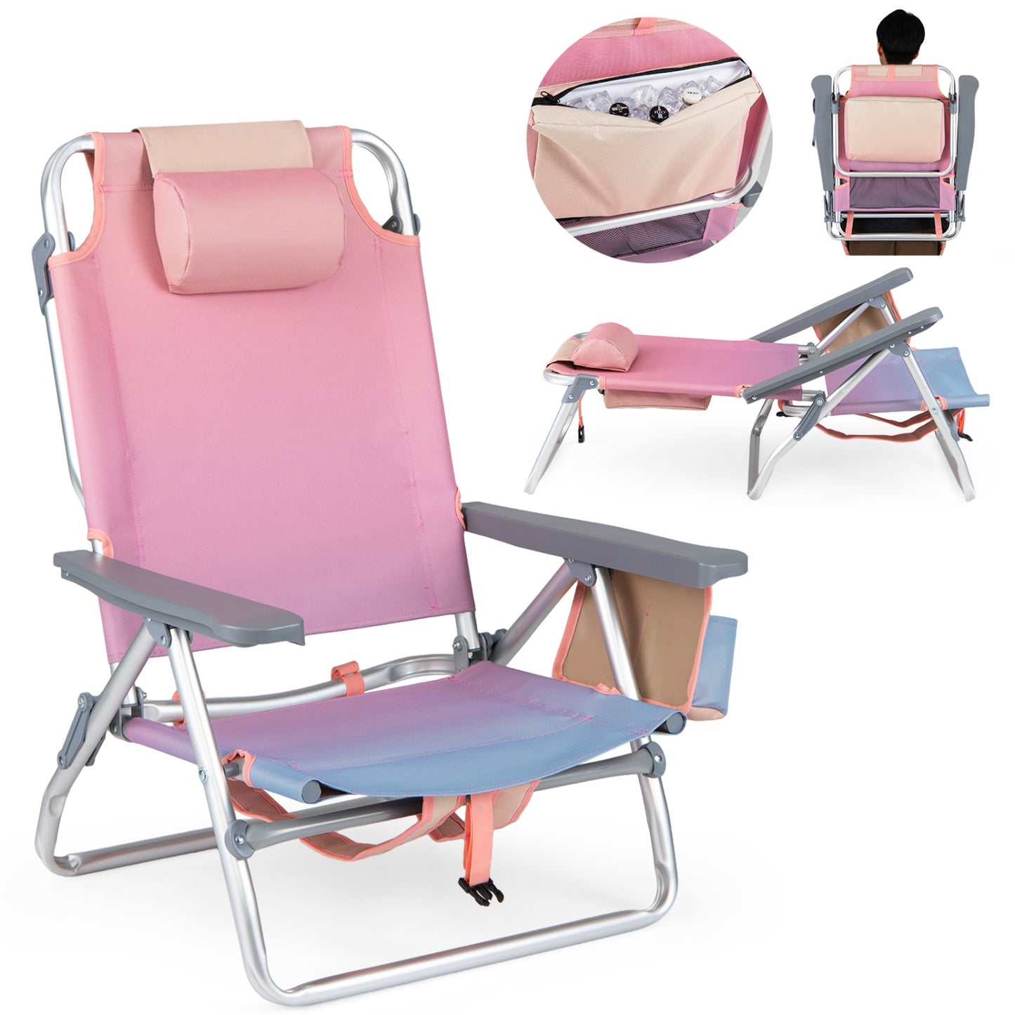 Folding Beach Chairs Set of 2 with 5-Position Backrest