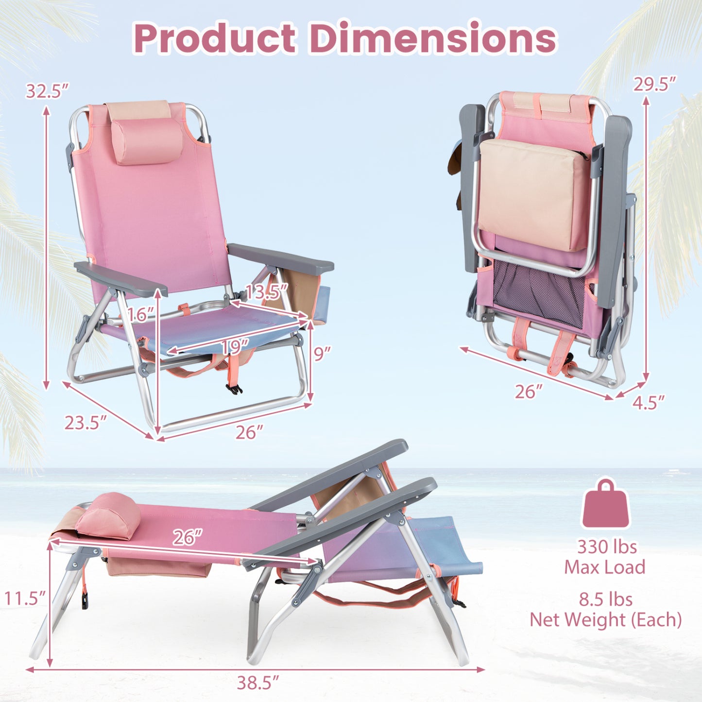 Folding Beach Chairs Set of 2 with 5-Position Backrest