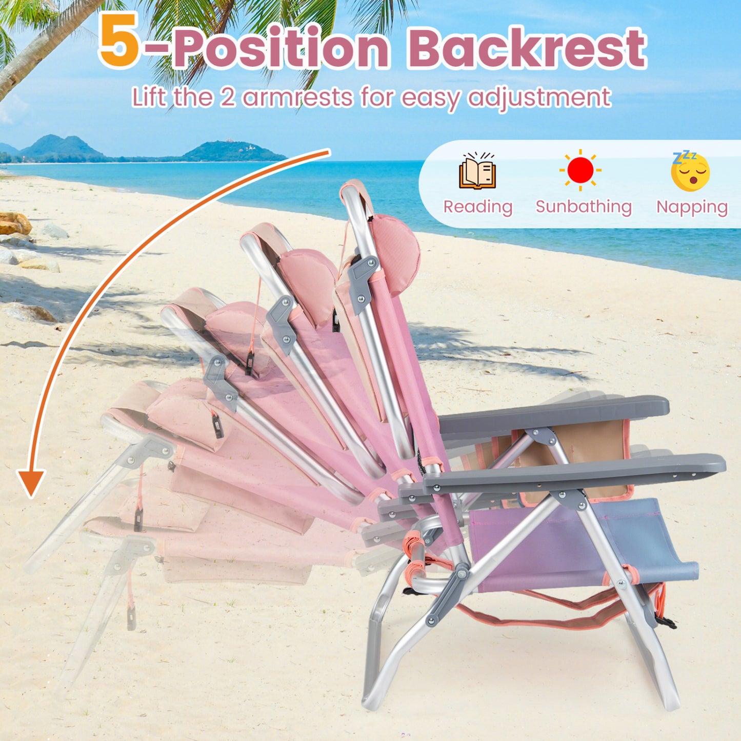 Folding Beach Chairs Set of 2 with 5-Position Backrest