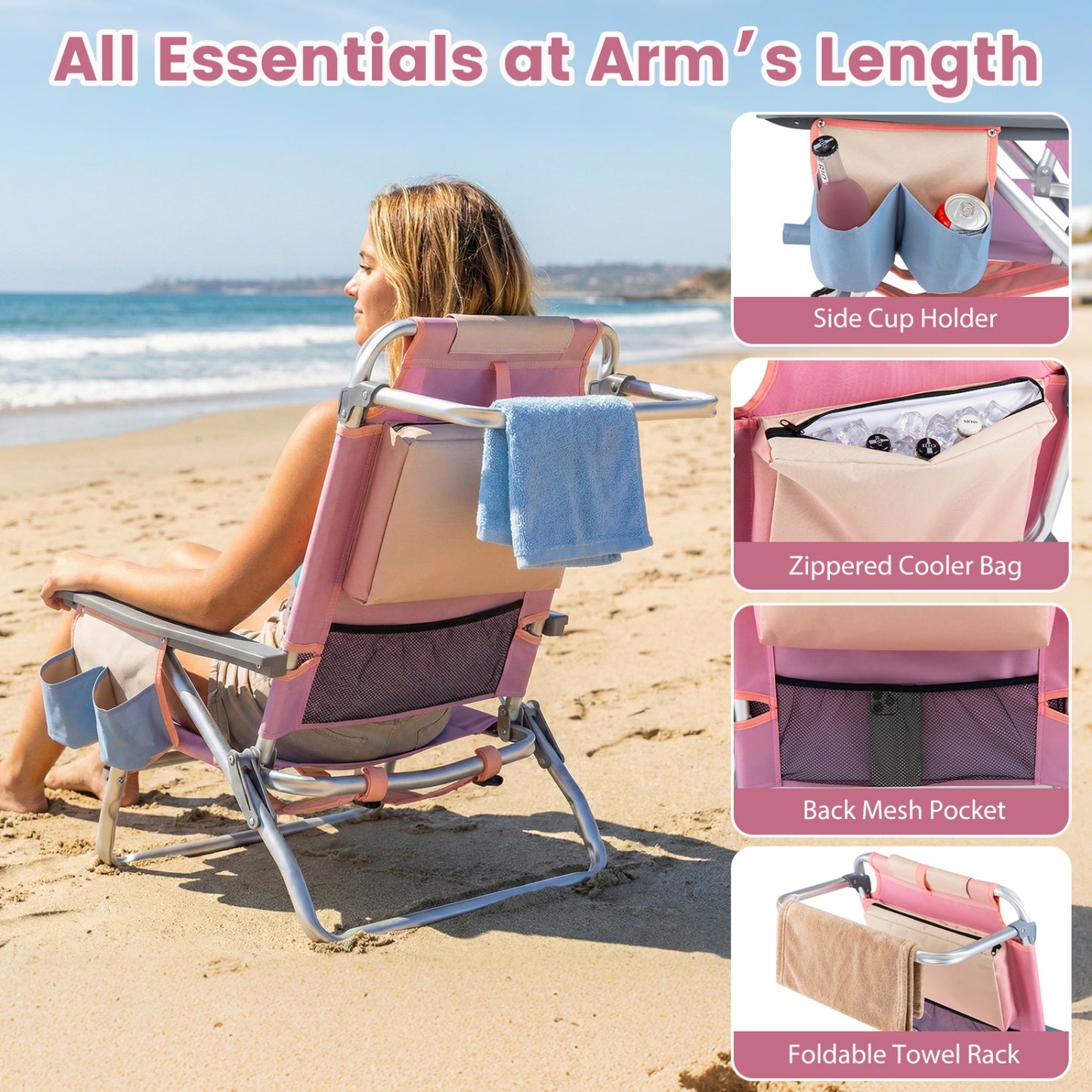 Folding Beach Chairs Set of 2 with 5-Position Backrest