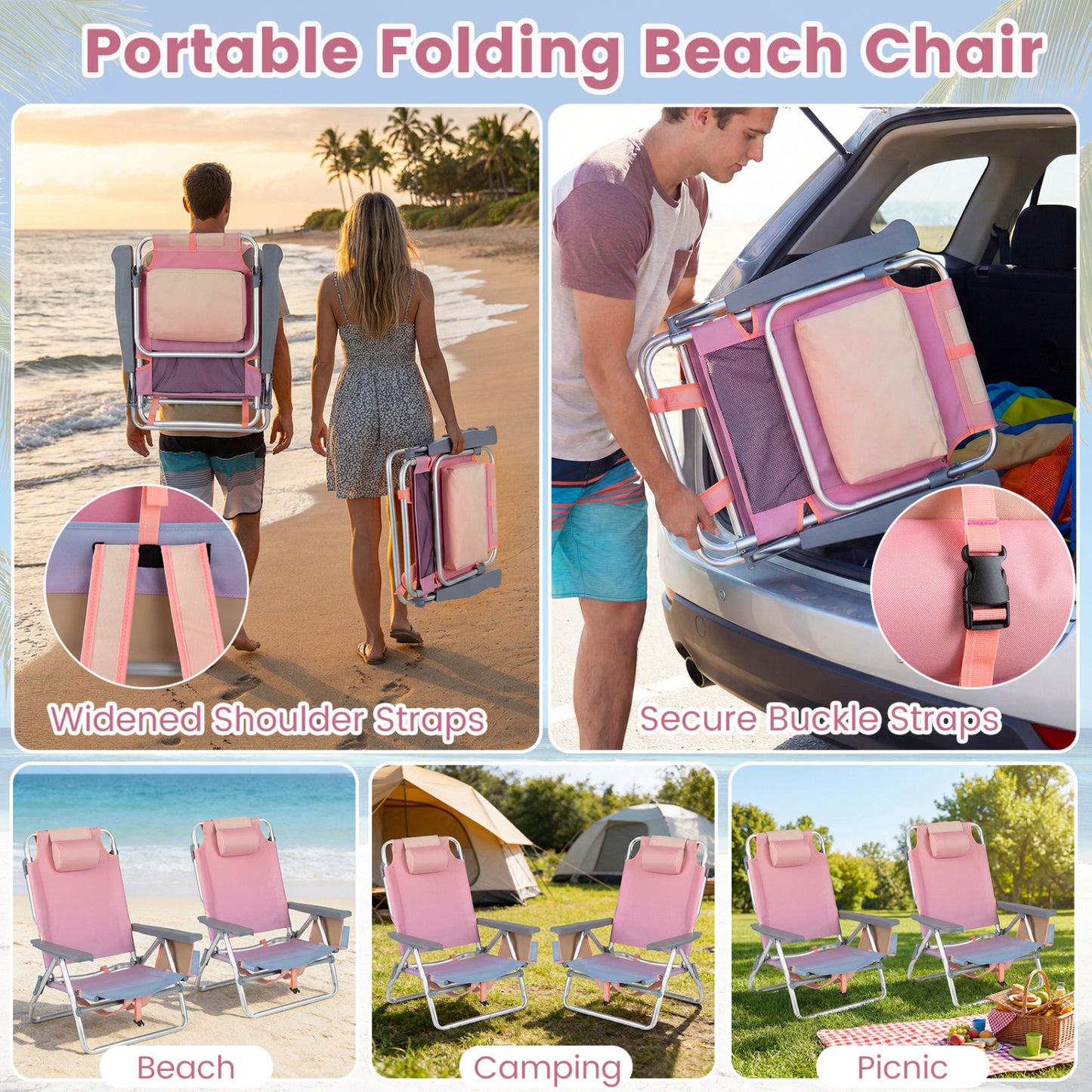 Folding Beach Chairs Set of 2 with 5-Position Backrest