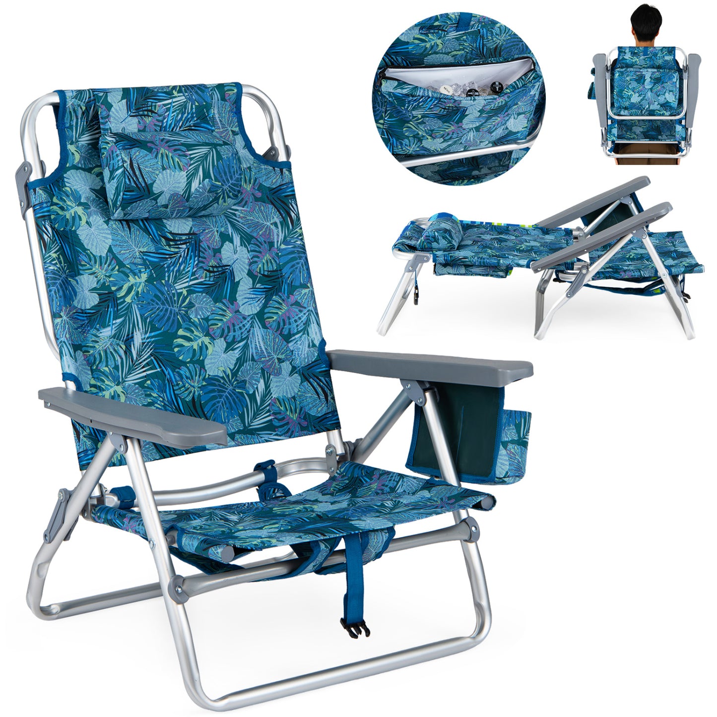 Folding Beach Chairs Set of 2 with 5-Position Backrest